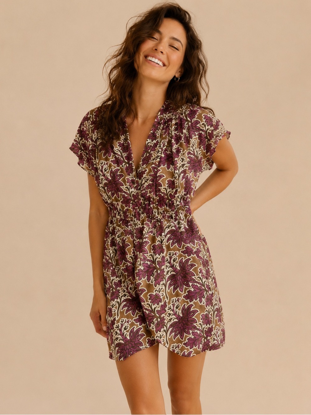 Evereve Floral Mini Dress Women's XS Pink Brown Cream Short Sleeve Boho Dress